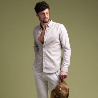 Camicia uomo misto cotone con cuciture a contrasto